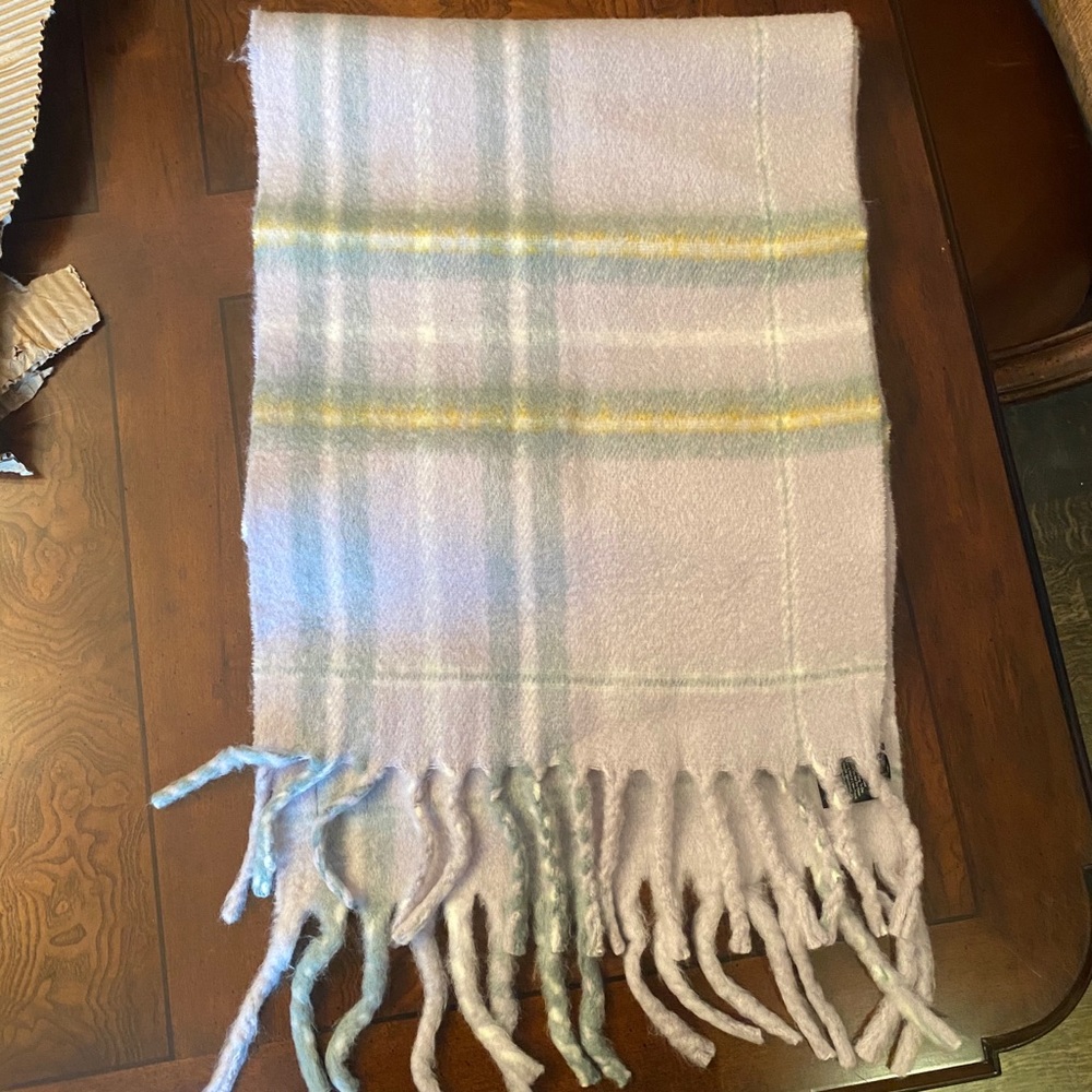 Aritzia Pastel Plaid Fringe Scarf in Light Pink, Blue & Yellow